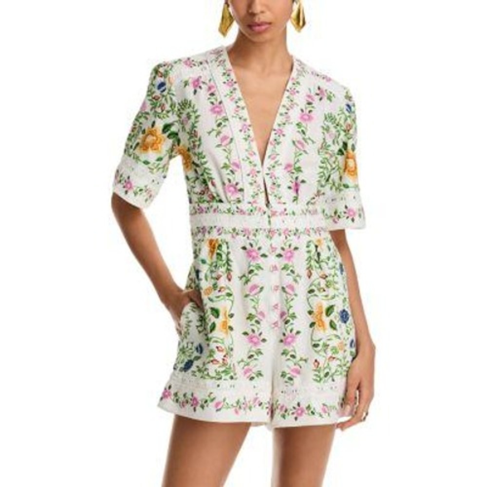 FARM Rio White Floral Embroidered V-Neck Romper